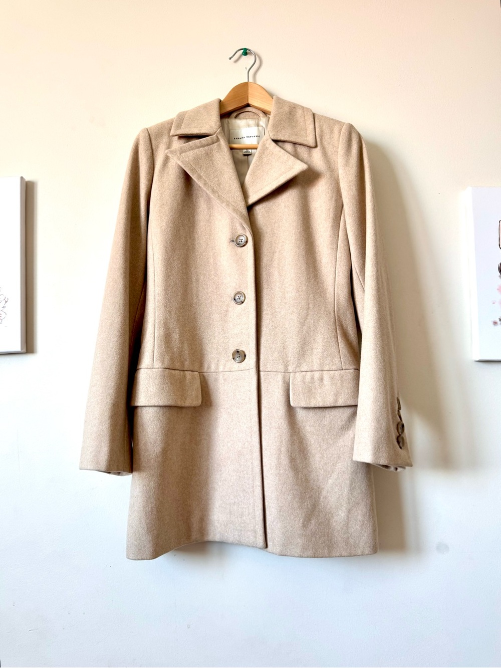 Vintage Y2K Banana Republic S Wool Nylon Tan Beige Single Breasted Tailored Coat
